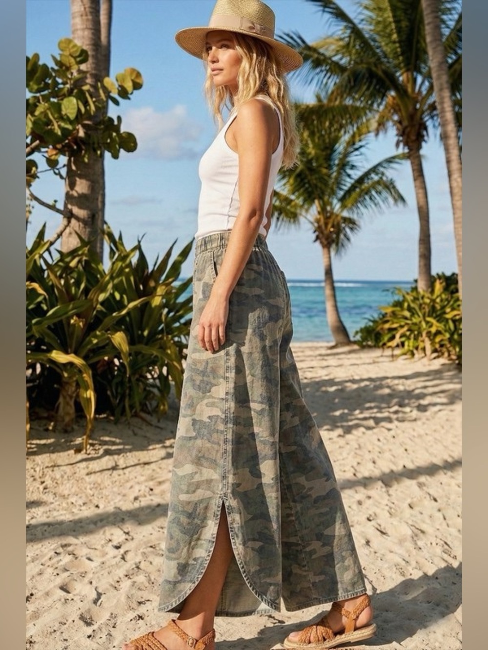 LovLov Camo Wide-Leg Elastic Waist Crop Pants - Green Camo - Picture 3 of 3